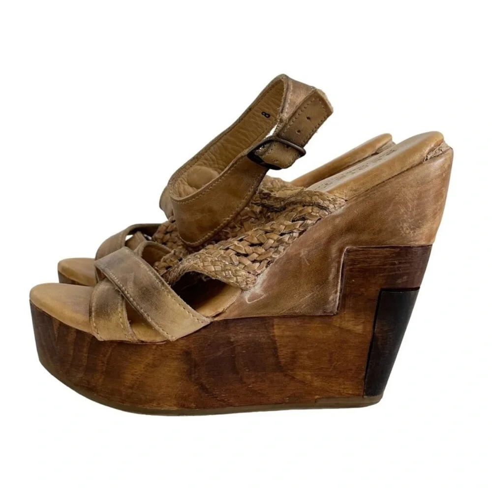 Bed Stu Tan Braided Leather Wedge Sandals - Picture 1 of 10